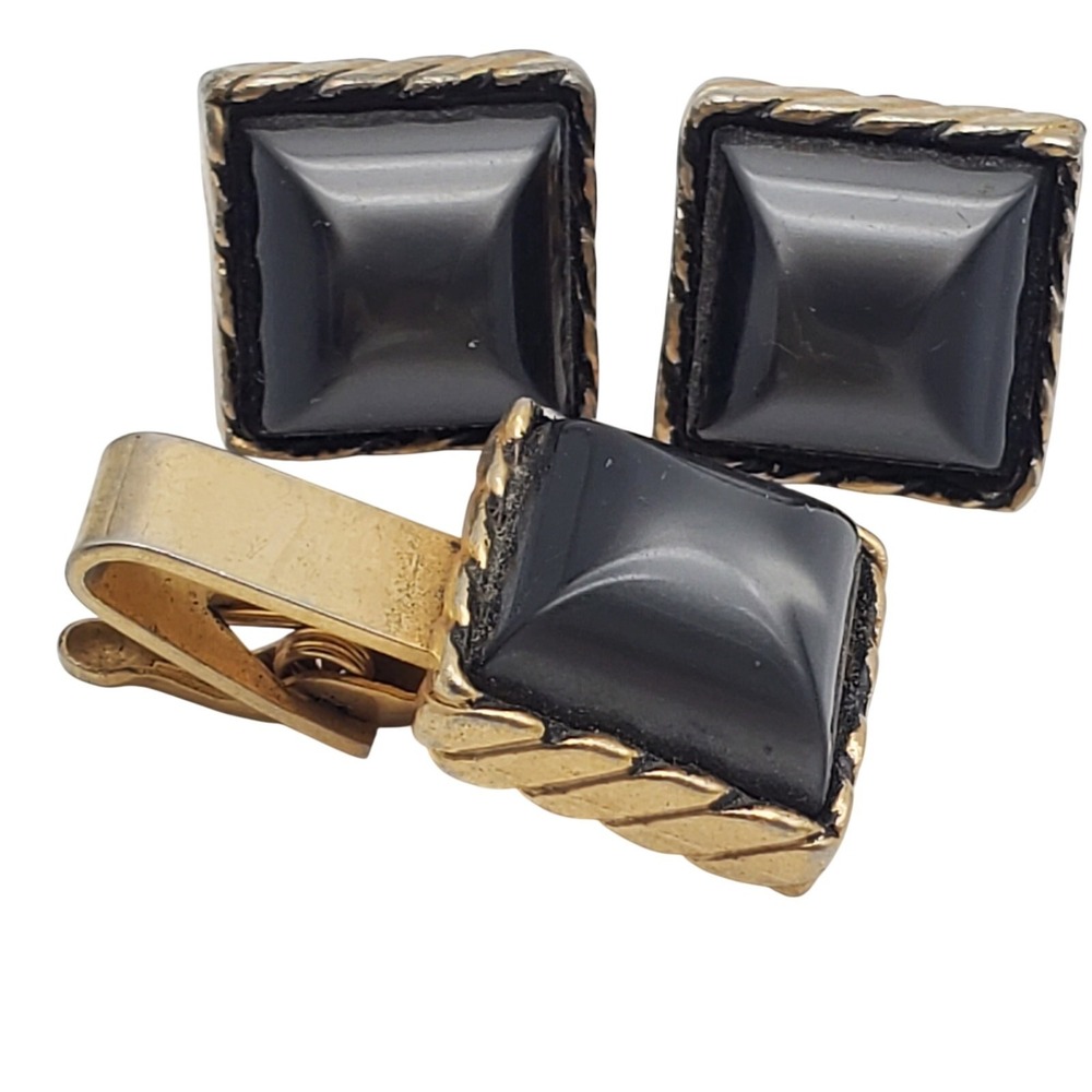 Dark Gray Square Cufflinks & Tie Clip Gold Tone Bar Clasp Faux‎ Moonglow Vtg Set